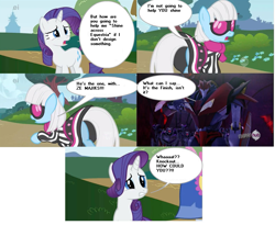 Size: 791x648 | Tagged: safe, edit, edited screencap, screencap, photo finish, rarity, pony, unicorn, green isn't your color, comic, ei, hub logo, knock out, screencap comic, transformers, transformers prime