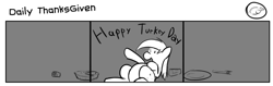 Size: 1280x404 | Tagged: safe, artist:tetrapony, derpy hooves, pegasus, pony, comic:the daily derp, comic, daily thanksgiven, female, mare, monochrome, solo