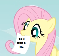 Size: 324x309 | Tagged: safe, fluttershy, pegasus, pony, 9/11, blue eyes, exploitable meme, female, fluttershy's note meme, mare, meme, mouth hold, op is a cuck, op is a horrible person, pink mane, simple background, solo, wings, yellow coat