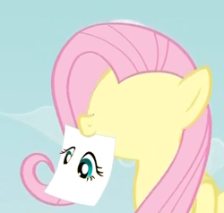 Size: 324x309 | Tagged: safe, fluttershy, pegasus, pony, blue eyes, exploitable meme, female, fluttershy's note meme, mare, meme, mouth hold, pink mane, simple background, solo, wings, yellow coat