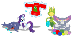 Size: 2436x1305 | Tagged: safe, artist:seaandsunshine, rarity, pony, unicorn, clothes, crossover, female, gabite, gem, leavanny, magic, mare, pokémon, prone, purugly, simple background, sweater, telekinesis, transparent background, vector, yarn, yarn ball