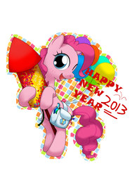 Size: 1500x2000 | Tagged: safe, artist:hoyeechun, pinkie pie, earth pony, pony, 2013, balloon, cute, diapinkes, fireworks, happy new year, new year, one eye closed, rocket, solo, wink