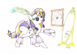Size: 2086x1484 | Tagged: safe, artist:philo5, rarity, pony, unicorn, admiring, alternate hairstyle, arrogant, beautiful, bust, clothes, ear piercing, feather, female, grin, hair dye, hair flip, hoof ring, horn jewelry, jewelry, lidded eyes, looking at self, mare, mirror, piercing, portrait, pose, raised hoof, sin of pride, smiling, solo, stupid sexy rarity, tail accessory, traditional art