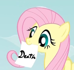 Size: 324x309 | Tagged: safe, fluttershy, pegasus, pony, blue eyes, death note, exploitable meme, female, fluttershy's note meme, mare, meme, mouth hold, pink mane, pun, simple background, solo, wings, yellow coat