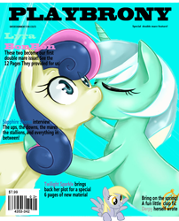 Size: 840x1040 | Tagged: safe, artist:w1kk3d, bon bon, derpy hooves, lyra heartstrings, sweetie drops, pegasus, pony, cover, eyes closed, female, kissing, lesbian, lyrabon, magazine, magazine cover, mare, playbrony, scrunchy face, shipping, surprise kiss, surprised