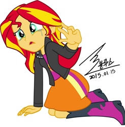 Size: 900x916 | Tagged: safe, artist:bluse, sunset shimmer, equestria girls, rainbow rocks, background removed, crying, female, heartbreak, incorrect hand anatomy, kneeling, sad, show accurate, signature, simple background, solo, sunsad shimmer, white background