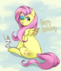 Size: 1280x1502 | Tagged: safe, artist:greyradian, angel bunny, fluttershy, pegasus, pony, cupcake, cute, happy birthday, small wings