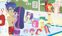 Size: 1500x875 | Tagged: safe, artist:dm29, apple bloom, applejack, flash sentry, fluttershy, pinkie pie, rainbow dash, rarity, scootaloo, spike, sunset shimmer, sweetie belle, twilight sparkle, twilight sparkle (alicorn), alicorn, dog, equestria girls, bare chest, beach ball, belly button, bikini, breasts, buttcrack, cleavage, clothes, cutie mark crusaders, feet, female, flashlight, floaty, ice cream cone, inflatable, lifeguard, male, mane seven, mane six, sandals, sarong, shipping, sparity, spike the dog, straight, sunglasses, sunshyne, surprised, swimming pool, swimming trunks, swimsuit, topless, water wings, whistle