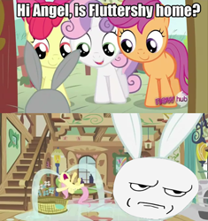 Size: 500x531 | Tagged: safe, edit, edited screencap, screencap, angel bunny, apple bloom, fluttershy, scootaloo, sweetie belle, pegasus, pony, ponyville confidential, 2 panel comic, are you serious, comic, crying, cutie mark crusaders, face swap, meme, ocular gushers, rage face, river of tears