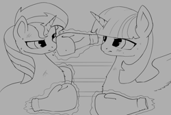 Size: 1280x858 | Tagged: safe, artist:rain-gear, sunset shimmer, twilight sparkle, twilight sparkle (alicorn), alicorn, pony, unicorn, boxing, boxing gloves, bruised, frown, glare, magic, monochrome, no hooves, punch, sweat, telekinesis