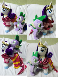 Size: 1515x2000 | Tagged: safe, artist:rens-twin, rarity, spike, clothes, dress, gala, gala dress, irl, photo, plushie, rarity plushie, riding, spike plushie