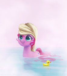 Size: 900x1019 | Tagged: safe, artist:adailey, pinkie pie, duck, duck pony, earth pony, pony, bath, cute, diapinkes, rubber duck, smiling, solo, towel, wet