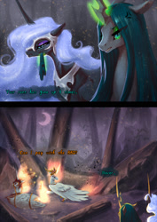 Size: 1240x1753 | Tagged: safe, artist:begasus, daybreaker, nightmare moon, nightmare star, queen chrysalis, alicorn, changeling, changeling queen, pony, a royal problem, annoyed, chrysmoon, day star, dialogue, female, fire, lesbian, log, looking back, mane of fire, mare, misspelling, mundane utility, shipping, tree, walking campfire