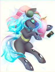 Size: 1665x2178 | Tagged: safe, artist:koveliana, queen chrysalis, changeling, changeling queen, crying, cute, cutealis, eyeshadow, headphones, makeup, pillow, sleeping, solo