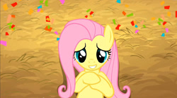 Size: 1274x709 | Tagged: safe, edit, screencap, fluttershy, pegasus, pony, the last roundup, bust, close-up, hooves to the chest, inverted mouth, on back, smiling, solo