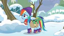 Size: 1280x720 | Tagged: safe, derpibooru import, screencap, rainbow dash, tank, pegasus, pony, tanks for the memories, snow, tree, winter