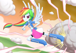 Size: 3237x2280 | Tagged: safe, artist:liu ting, derpibooru import, rainbow dash, equestria girls, boots, clothes, cloud, electric dash, female, flying, kicking, lightning, ponied up, shoes, skirt, sky, socks, solo, striped socks, wings