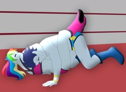 Size: 1600x1163 | Tagged: safe, artist:supermaxx92, derpibooru import, rainbow dash, soarin', equestria girls, bikini, clothes, couple, female, fight, male, shipping, soarindash, speedo, straight, swimsuit, wrestler, wrestling, wrestling ring