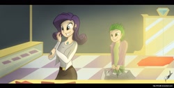 Size: 1779x900 | Tagged: safe, artist:rncillo, rarity, spike, clothes, female, humanized