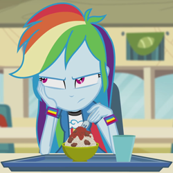 Size: 564x564 | Tagged: safe, derpibooru import, screencap, rainbow dash, equestria girls, pinkie on the one, rainbow rocks, cropped, food, pasta, solo, spaghetti, unamused