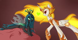Size: 2400x1250 | Tagged: safe, artist:mechanized515, daybreaker, queen chrysalis, alicorn, changeling, changeling queen, pony, a royal problem, blushing, commission, daysalis, female, lesbian, mare, prone, shipping