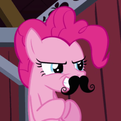 Size: 720x720 | Tagged: safe, pinkie pie, earth pony, pony, spike at your service, animated, moustache, plotting, solo