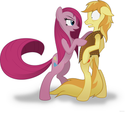 Size: 5200x4596 | Tagged: safe, artist:randomlywhimsical, braeburn, pinkie pie, earth pony, pony, absurd resolution, bedroom eyes, bipedal, braepie, eye contact, female, floppy ears, looking at each other, male, nervous, pinkamena diane pie, shipping, straight, undressing, varying degrees of want, wide eyes