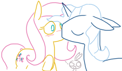 Size: 758x439 | Tagged: safe, artist:the weaver, angel bunny, fluttershy, pokey pierce, pegasus, pony, blushing, exclamation point, eyes closed, female, floppy ears, flutterpierce, kissing, male, pokeyshy, raised hoof, shipping, simple background, straight, surprise kiss, surprised, white background, wide eyes