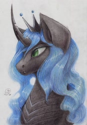 Size: 1998x2858 | Tagged: safe, artist:kimsteinandother, queen chrysalis, changeling, changeling queen, bust, curved horn, portrait, solo, traditional art
