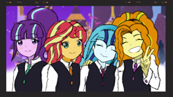 Size: 1325x743 | Tagged: safe, artist:angeltorchic, adagio dazzle, sonata dusk, starlight glimmer, sunset shimmer, equestria girls, canterlot academia, grin, picture frame, smiling, the dazzlings