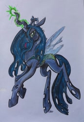 Size: 1277x1851 | Tagged: safe, artist:mintgreenweed, queen chrysalis, changeling, changeling queen, magic, solo, tongue out, traditional art