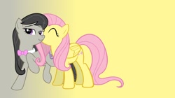 Size: 1366x766 | Tagged: safe, artist:hallfrost00, fluttershy, octavia melody, earth pony, pegasus, pony, eyes closed, female, fluttertavia, kissing, lesbian, raised hoof, shipping, smiling, standing