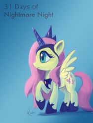 Size: 600x800 | Tagged: safe, artist:raikoh, fluttershy, nightmare moon, pegasus, pony, 31 days of nightmare night, costume, solo