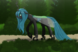 Size: 1500x1000 | Tagged: safe, artist:ruanshi, queen chrysalis, changeling, changeling queen, forest, lidded eyes, sad, solo, walking