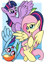 Size: 2480x3507 | Tagged: safe, artist:twidasher, derpibooru import, fluttershy, rainbow dash, twilight sparkle, twilight sparkle (alicorn), alicorn, pegasus, pony, female, flutterdash, lesbian, shipping, twidash, twishy