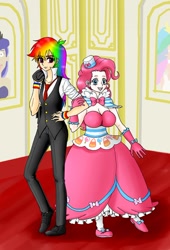 Size: 736x1085 | Tagged: safe, artist:asdf314159265, derpibooru import, pinkie pie, rainbow dash, human, breasts, clothes, dress, female, gala dress, humanized, lesbian, light skin, necktie, pinkie pies, pinkiedash, shipping, vest