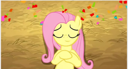 Size: 650x352 | Tagged: safe, screencap, fluttershy, pegasus, pony, the last roundup, bust, eyes closed, hooves to the chest, inverted mouth, on back, smiling, solo