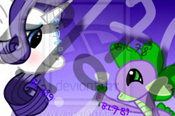 Size: 400x267 | Tagged: safe, artist:jayfeatherlover4, rarity, spike, dragon, pony, unicorn, female, flower, male, shipping, sparity, straight, watermark