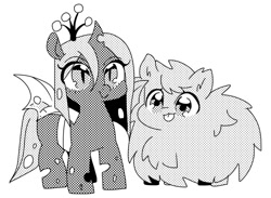 Size: 820x600 | Tagged: safe, artist:kkotnim, queen chrysalis, oc, oc:fluffle puff, changeling, changeling queen, nymph, pony, chibi, cute, cutealis, duo, duo female, female, flufflebetes, mare, monochrome, simple background, tongue out, white background