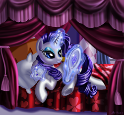 Size: 1462x1361 | Tagged: safe, artist:haze, rarity, pony, unicorn, bed, comb, glowing horn, magic, mirror, telekinesis