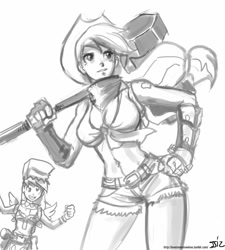 Size: 725x805 | Tagged: safe, artist:johnjoseco, applejack, derpy hooves, human, blacksmith, crossover, grayscale, hammer, humanized, monochrome, ragnarok online, super novice, winged humanization