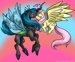 Size: 1100x920 | Tagged: safe, artist:kaemantis, fluttershy, queen chrysalis, changeling, changeling queen, pegasus, pony, blushing, chrysashy, cute, cutealis, cutie mark, eyes closed, female, flying, gradient background, heart, kissing, lesbian, mare, shipping, shyabetes, wings