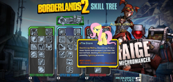 Size: 1347x643 | Tagged: safe, fluttershy, pegasus, pony, always works, borderlands, borderlands 2, dreamworks face, fahrenheit 451, mechromancer, skilltrees, stare