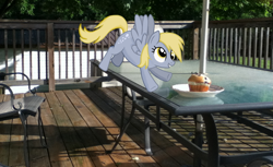 Size: 957x586 | Tagged: safe, artist:darkkon13, derpy hooves, pegasus, pony, female, irl, mare, muffin, photo, ponies in real life, porch, table, vector