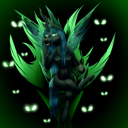 Size: 2000x2000 | Tagged: safe, artist:hicheeras, queen chrysalis, changeling, changeling queen, crossed legs, female, glowing eyes, open mouth, sitting, smiling, solo focus, throne, throne slouch