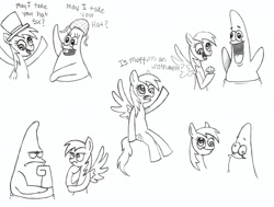 Size: 2203x1664 | Tagged: safe, artist:thecheeseburger, derpy hooves, pegasus, pony, band geeks, crossover, dialogue, female, free form jazz, grandma's kisses, mare, monochrome, patrick star, sketch, spongebob squarepants, squilliam returns, traditional art