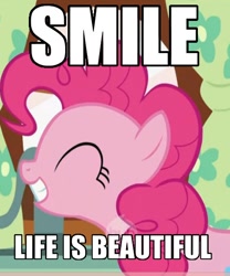 Size: 472x568 | Tagged: safe, edit, edited screencap, screencap, pinkie pie, earth pony, pony, green isn't your color, cropped, eyes closed, good advice, hub logo, image macro, positive ponies, smiling, solo