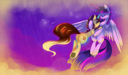 Size: 850x500 | Tagged: dead source, safe, artist:loyaldis, sunset shimmer, twilight sparkle, twilight sparkle (alicorn), alicorn