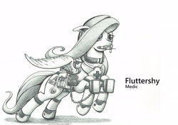 Size: 2480x1748 | Tagged: safe, artist:george5408, fluttershy, pegasus, pony, battlefield, defibrillator, medic, monochrome