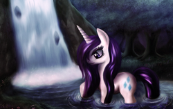 Size: 900x570 | Tagged: safe, artist:macalaniaa, rarity, pony, unicorn, solo, waterfall, wet, wet mane, wet mane rarity